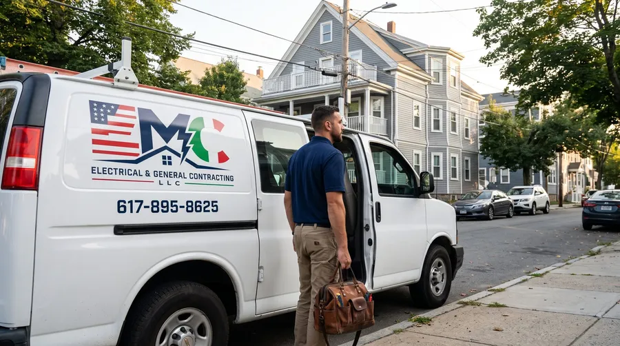 EMC branded van and uniformed technician on a job site in Greater Boston