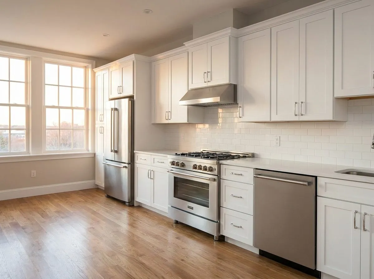 Bright renovated kitchen with new cabinets and lighting