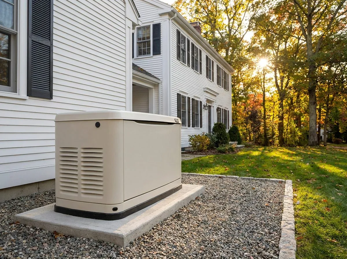Standby generator installed beside a home's exterior wall