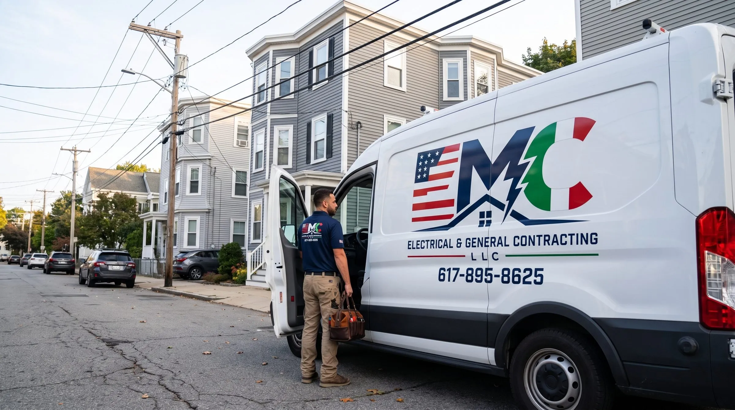 EMC branded service van and uniformed technician on a Greater Boston street, triple-deckers in the background