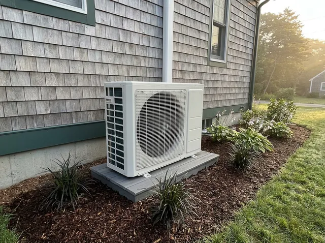 Outdoor AC condenser unit at a residential wall