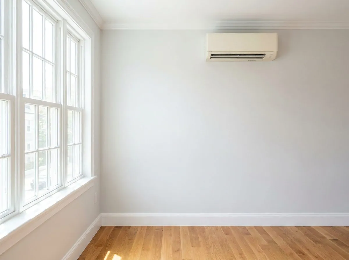Ductless mini-split head mounted on an interior wall