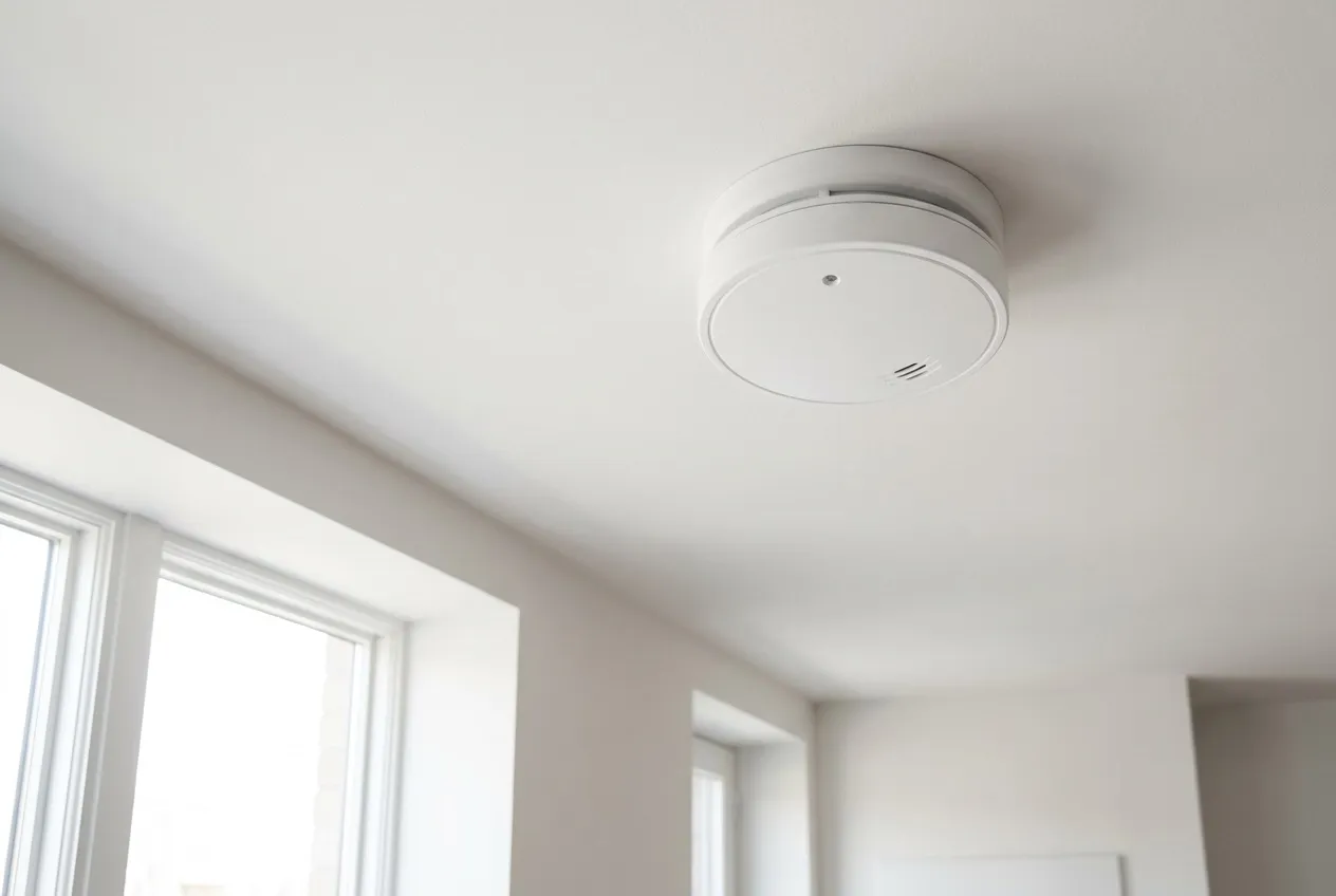 Combination smoke and CO detector mounted on a ceiling
