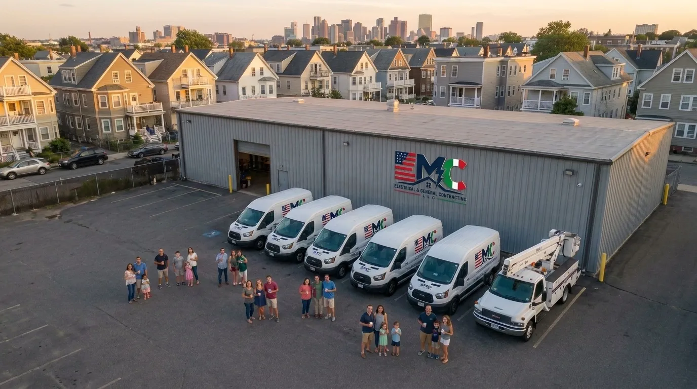 Warehouse, service vans, and bucket truck at golden hour